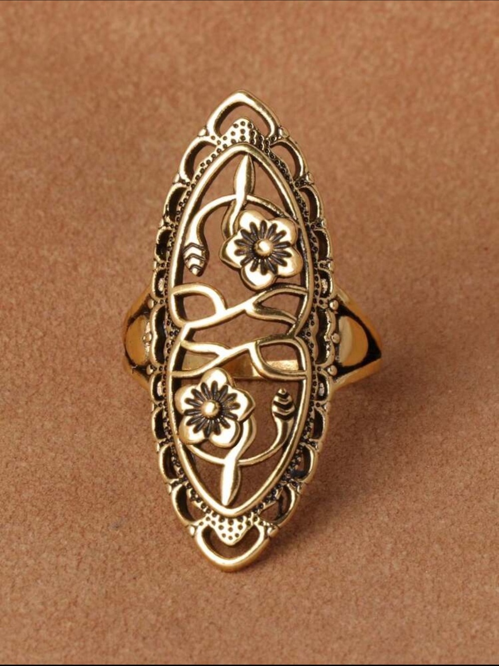 Gold Floral Filigree Long Oval Ring - Women Jewelry